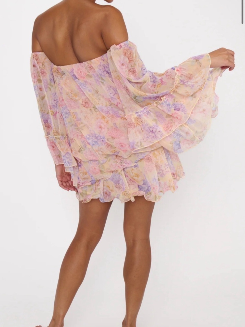 Off-Shoulder Pastel Floral Ruffle Mini Dress - Picture 3 of 8